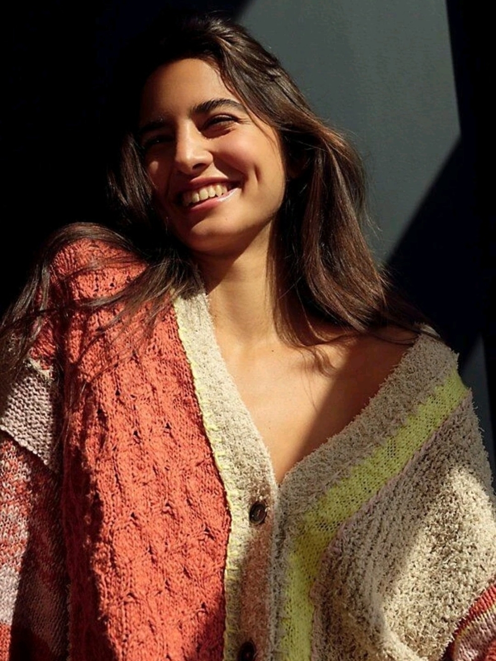 Free People Textured Colorblock Bouclé Cardigan in Cream, Rust & Yellow Oversize - Picture 2 of 6